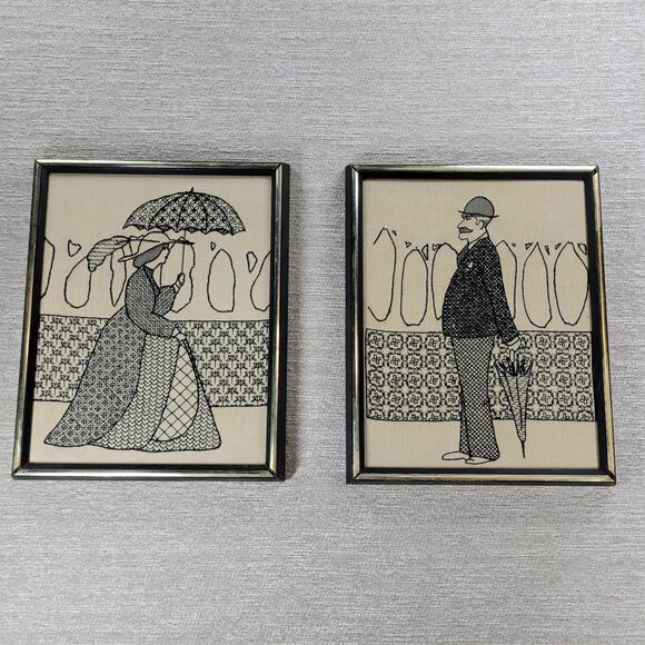 VTG Crewel Needlework Wall Art Man Woman Umbrella Blackwork Embroidery Framed - Picture 1 of 16